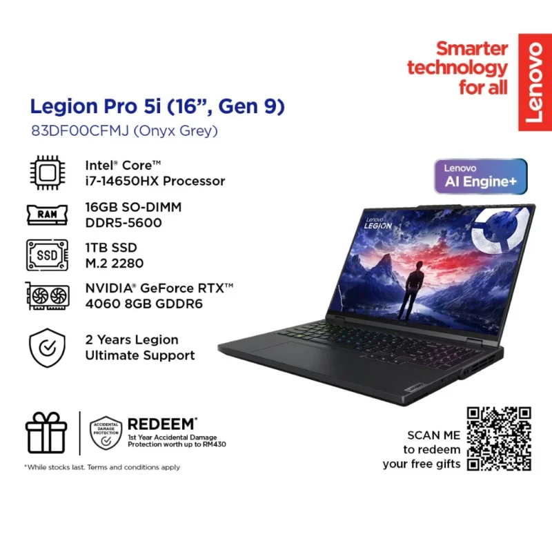 Lenovo Legion 5 Pro 16" I7-14650HX|16GB|1TB|RTX4060|W11H|2YR WRTY|OnyxGrey| 83DF00CFMJ FOC: BACKPACK